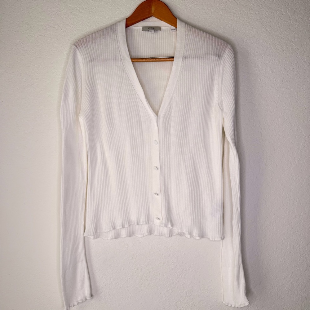 Vince Ribbed Cotton Cardigan Sweater V-Neck - Picture 2 of 11